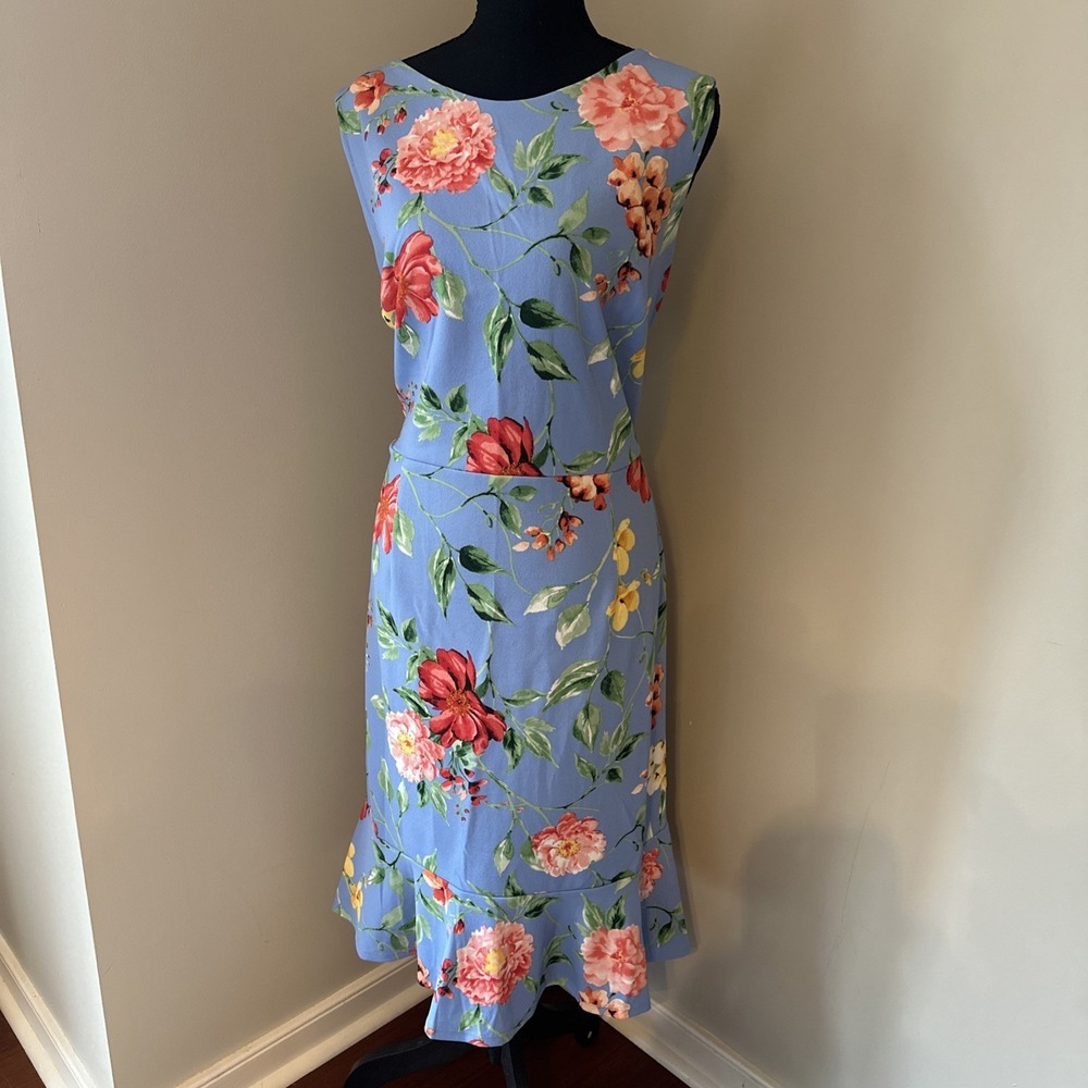 Stella & Julie Sheath Dress Womens 14W Blue Floral Sleeveless Ruffle Hem